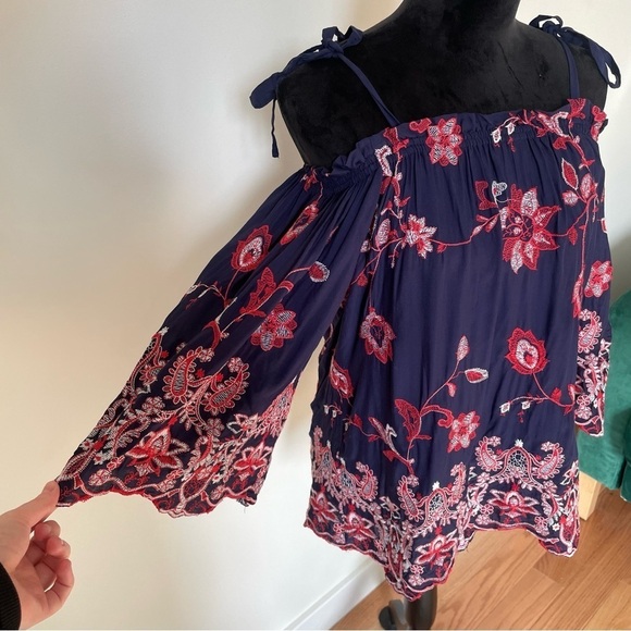 Parker Blue Multi Cotton Floral Paisley Embroidered Tie Strap Jillian Blouse EUC - Picture 5 of 9